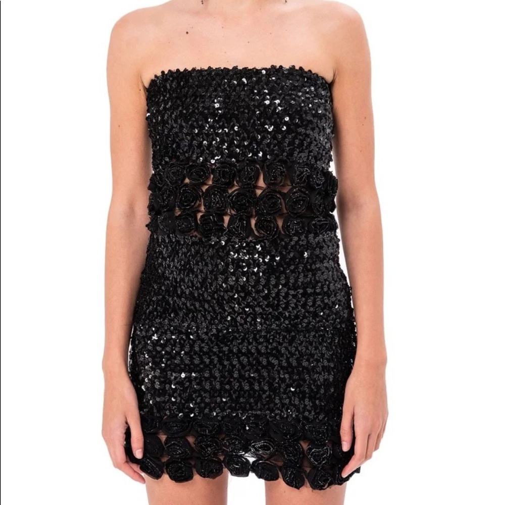 NWT Strapless black sequin rose Mini Dress